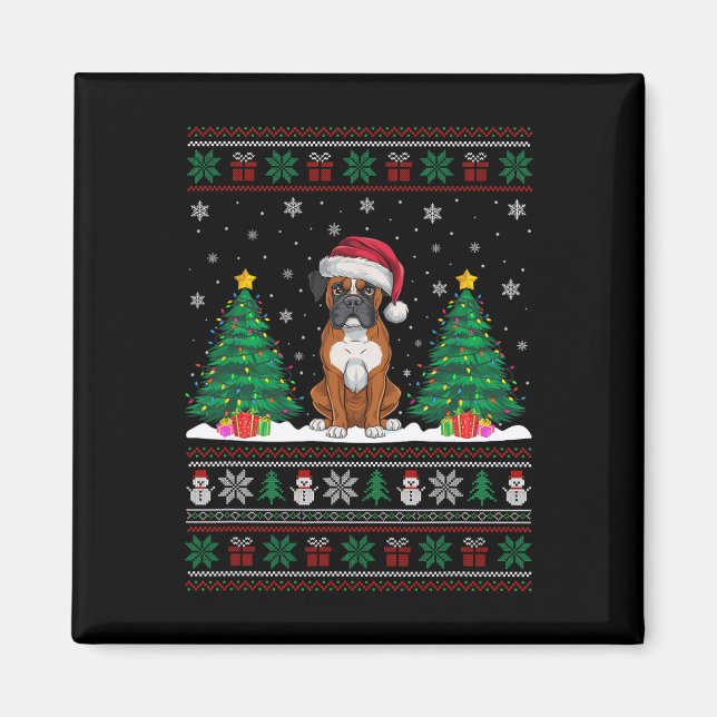 Santa Hat Boxer Dog Christmas Tree Lights Ugly Swe Magnet (Front)