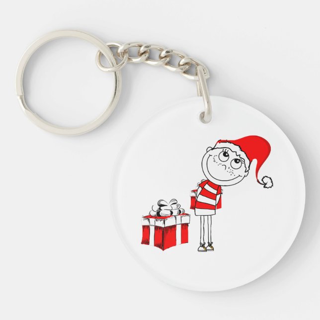 Santa Hat Boy Hiding Christmas Present  Key Ring (Front)