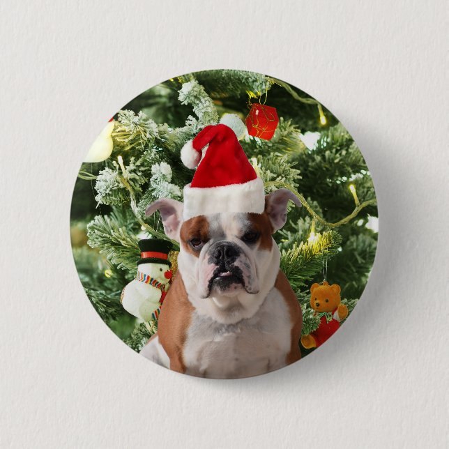Santa Hat Bulldog Christmas Tree Snowman Gift Box 6 Cm Round Badge (Front)