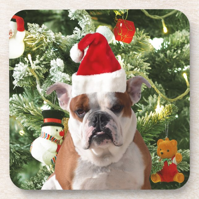 Santa Hat Bulldog Christmas Tree Snowman Gift Box Coaster (Front)