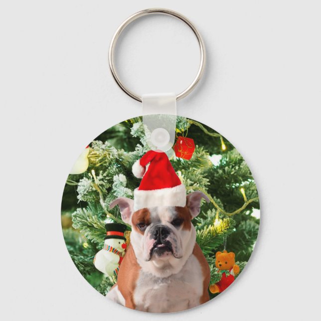 Santa Hat Bulldog Christmas Tree Snowman Gift Box Key Ring (Front)