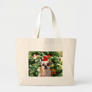 Santa Hat Bulldog Christmas Tree Snowman Gift Box Large Tote Bag