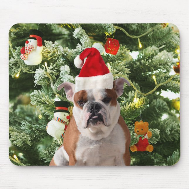 Santa Hat Bulldog Christmas Tree Snowman Gift Box Mouse Mat (Front)