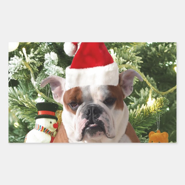 Santa Hat Bulldog Christmas Tree Snowman Gift Box Rectangular Sticker (Front)