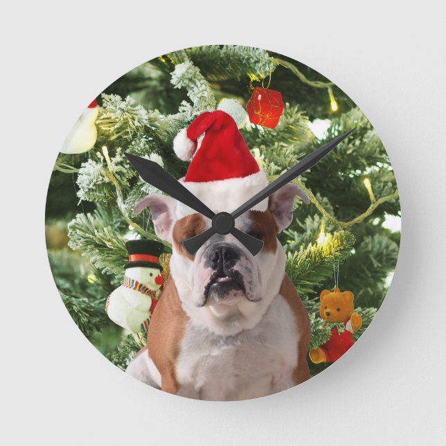 Santa Hat Bulldog Christmas Tree Snowman Gift Box Round Clock (Front)