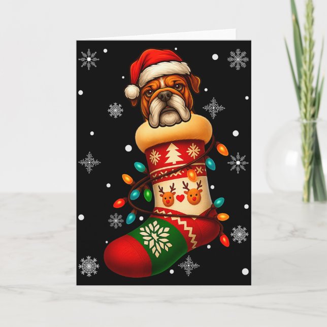 Santa Hat Bulldog Dog In Christmas Socks Men Women Card (Front)