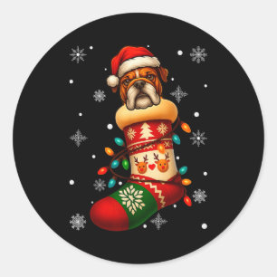 Santa Hat Bulldog Dog In Christmas Socks Men Women Classic Round Sticker