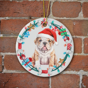 Santa Hat Bulldog Puppy Bone Wreath Ceramic Tree Decoration