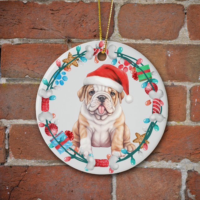 Santa Hat Bulldog Puppy Bone Wreath Ceramic Tree Decoration (Creator Uploaded)