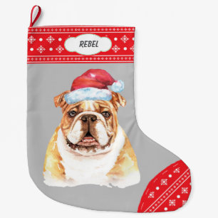 Santa Hat Bulldog Snowflake Border Large Christmas Stocking