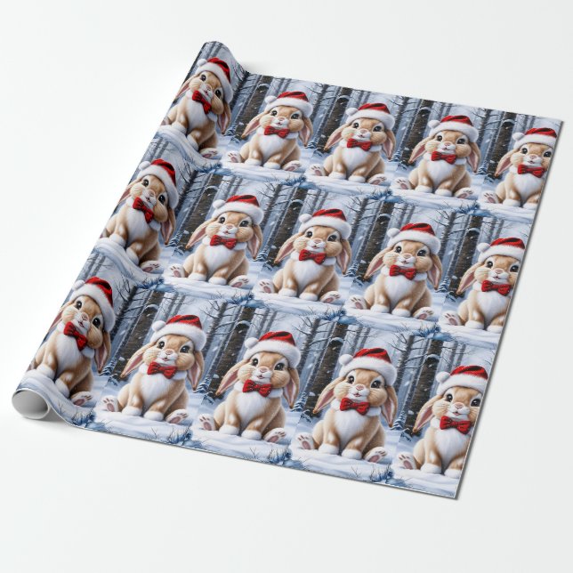 Santa Hat Bunny Wrapping Paper (Unrolled)