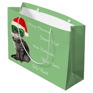 Santa hat cat, Christmas gift Large Gift Bag