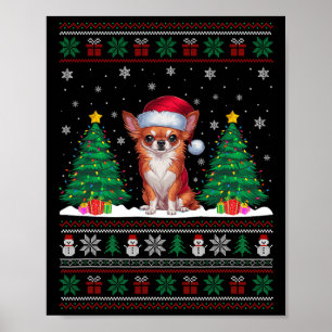 Santa Hat Chihuahua Dog Christmas Tree Lights Ugly Poster