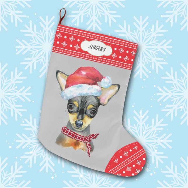 Santa Hat Chihuahua with Snowflake Border Large Christmas Stocking (Creator Uploaded)
