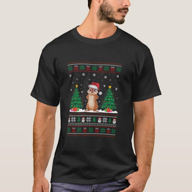 Santa Hat Chipmunk Christmas Tree Lights Ugly Swea T-Shirt (Front)