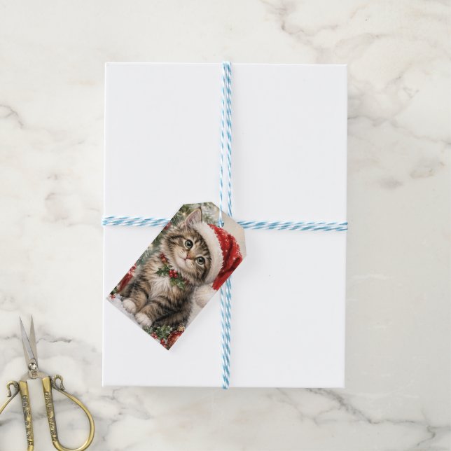 Santa Hat Christmas Cat Gift Tags (With Twine)