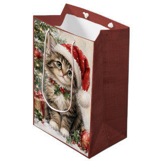 Santa Hat Christmas Cat Medium Gift Bag