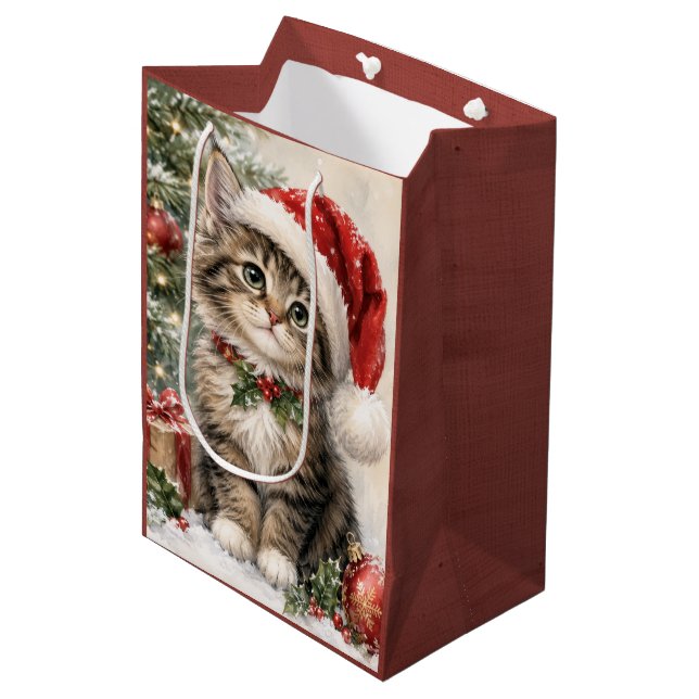 Santa Hat Christmas Cat Medium Gift Bag (Front Angled)