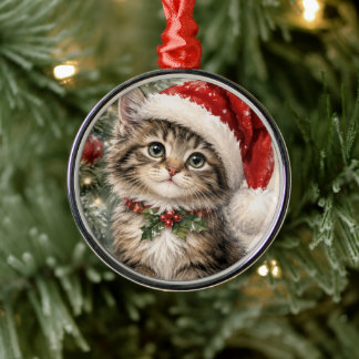 Santa Hat Christmas Cat Metal Tree Decoration