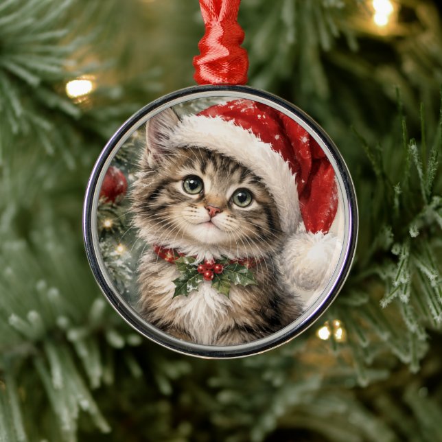 Santa Hat Christmas Cat Metal Tree Decoration (Tree)