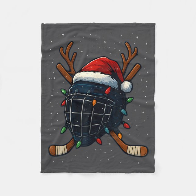 Santa Hat Christmas Ice Hockey Helmet Player Reind Fleece Blanket (Front)