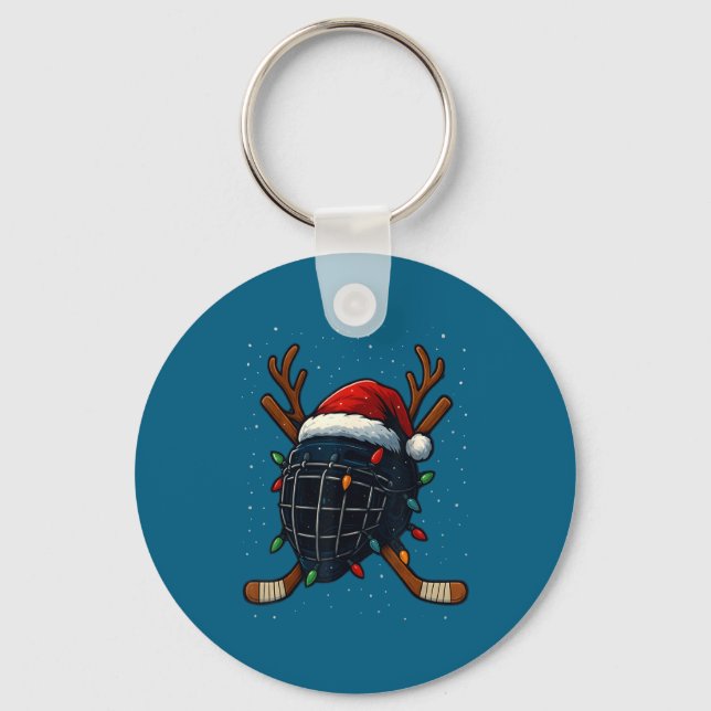 Santa Hat Christmas Ice Hockey Helmet Player Reind Key Ring (Front)