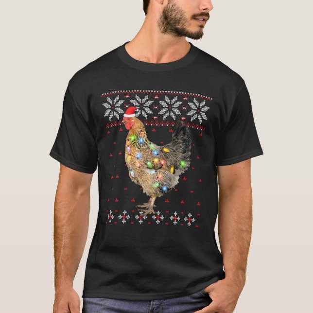 Santa Hat Christmas Lights Chicken , Funny Xmas Tr T-Shirt (Front)