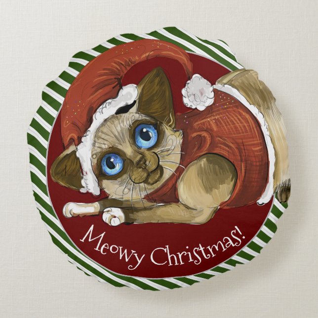 Santa Hat&Coat Christmas Kitty  Round Cushion (Back)