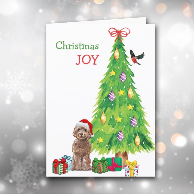 Santa Hat Cockapoo Dog and Holiday Tree Card (Creator Uploaded)