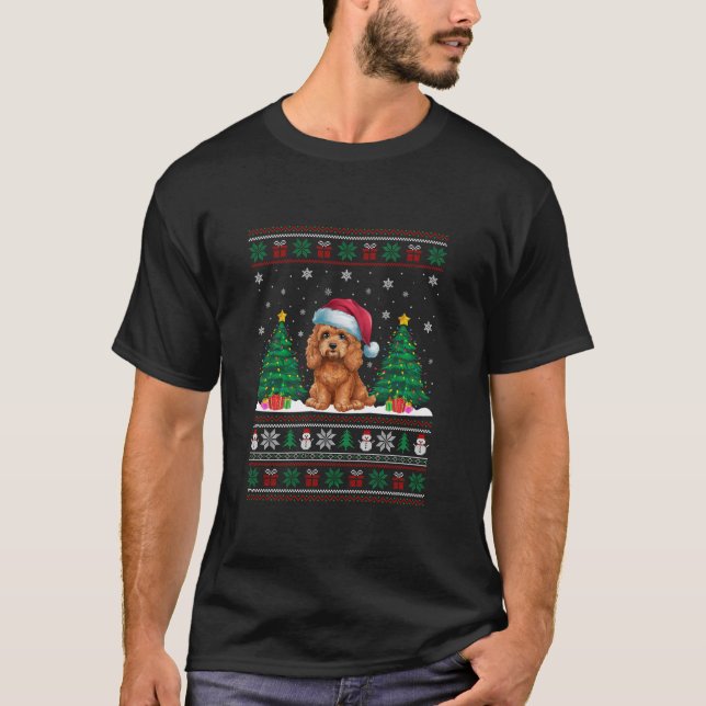 Santa Hat Cockapoo Dog Christmas Tree Lights Ugly  T-Shirt (Front)