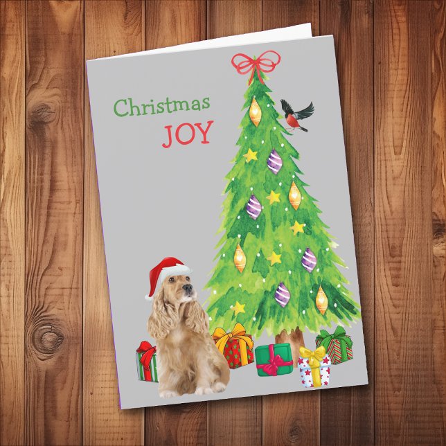 Santa Hat Cocker Spaniel and Christmas Tree Holiday Card (Creator Uploaded)