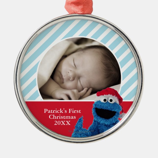 Santa Hat Cookie Monster | Add Your Name Metal Tree Decoration (Front)