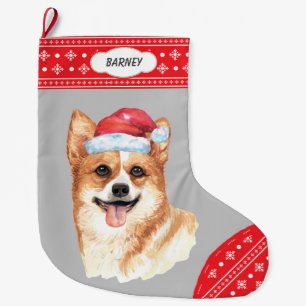 Santa Hat Corgi Snowflake Border Large Christmas Stocking