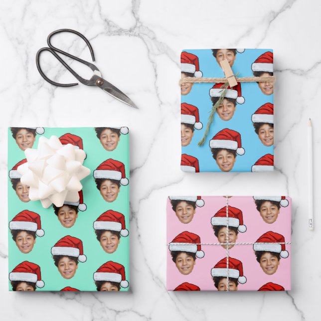 Santa Hat Custom Face Photo Christmas Gift Wrapping Paper Sheet (Front)