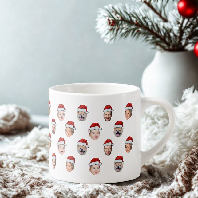 Santa Hat Custom Family Face 4 Photos Christmas Espresso Cup (Creator Uploaded)