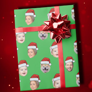 Santa Hat Custom Family Face 4 Photos Christmas Wrapping Paper