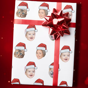 Santa Hat Custom Family Face 5 Photos Christmas Wrapping Paper