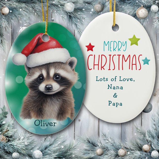 Santa Hat Cute Raccoon Kids Ceramic Ornament (Creator Uploaded)