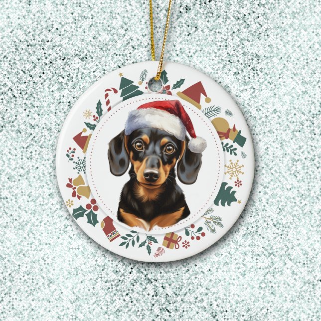 Santa Hat Dachshund Dog Christmas Images Wreath Ceramic Tree Decoration (Creator Uploaded)
