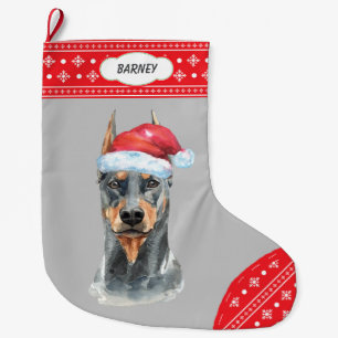 Santa Hat Doberman Snowflake Border Large Christmas Stocking