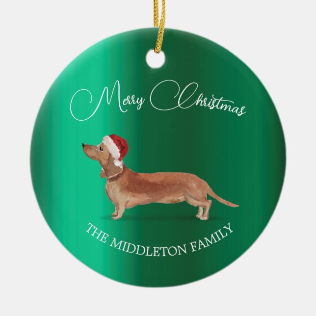 Santa Hat Dog Tan Dachshund Green Merry Christmas Ceramic Tree Decoration (Front)
