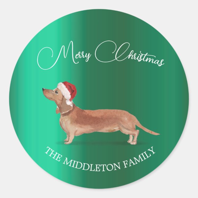 Santa Hat Dog Tan Dachshund Green Merry Christmas Classic Round Sticker (Front)