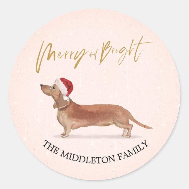 Santa Hat Dog Tan Dachshund Merry Christmas Classic Round Sticker (Front)