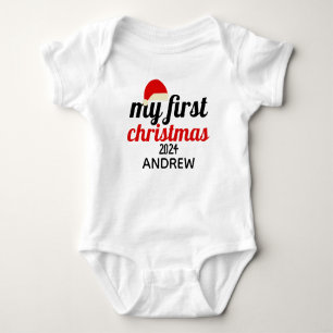 Santa Hat Elegant First Christmas Baby Name Bodysuit