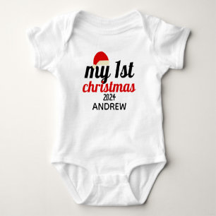 Santa Hat Elegant First Christmas Baby Name Bodysuit