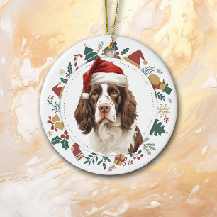 Santa Hat English Springer Spaniel Wreath Ceramic Tree Decoration
