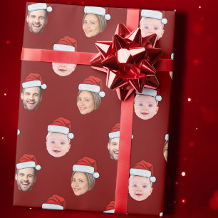 Santa Hat Face Gift, Custom Face 3 Photo Christmas Wrapping Paper