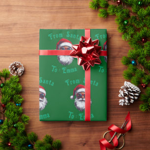 Santa Hat Face Personalize Christmas Green gift Wrapping Paper