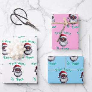 Santa Hat Face Personalize Christmas Green gift Wrapping Paper Sheet