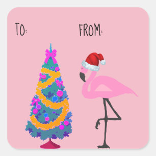Santa Hat Flamingo Christmas Gift Tag